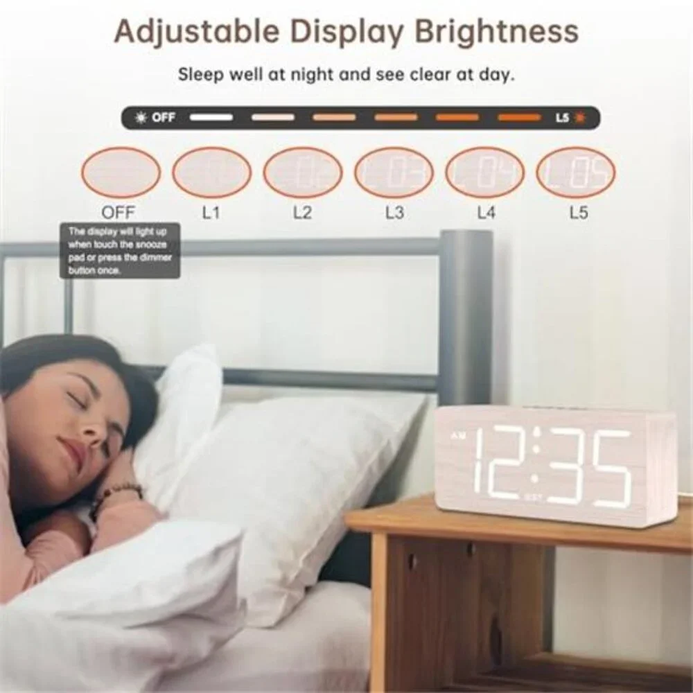 Wooden digital alarm clock large numbers loud alarm dimmer bedside plug in desk